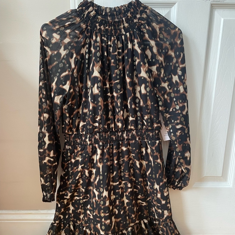 Time and Tru Smoked Mini Black, Brown, Gold Long Sleeve Dress